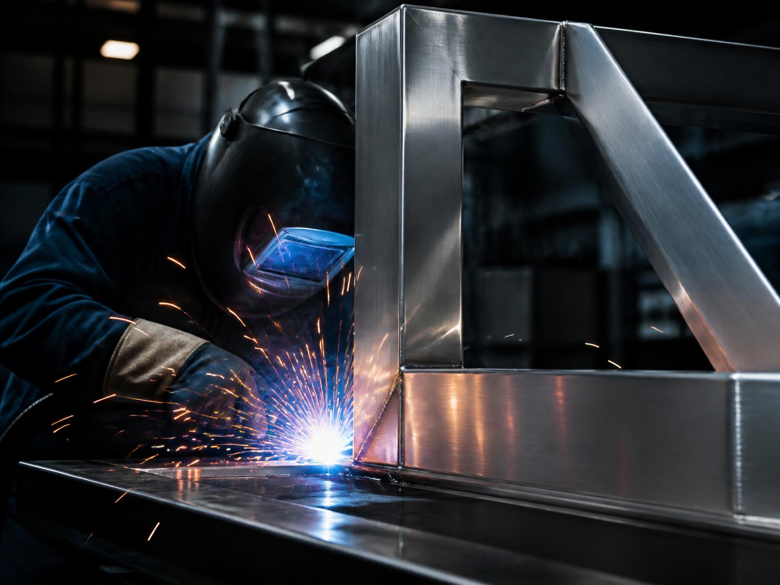 Schweißer fertigt eine Edelstahlkonstruktion in der Werkstatt